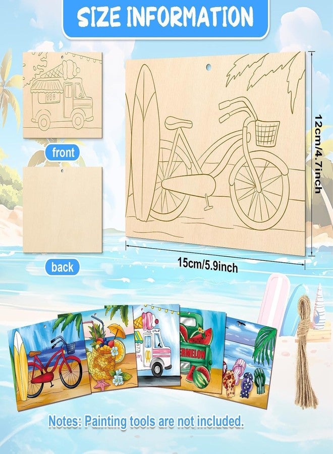 Cliths 9 Pcs Summer Wooden Ornaments Unfinished Wood Crafts to Paint for Kids Adults Beach Theme DIY Paintable Wood Slices with Ropes 15x12CM - Image 2